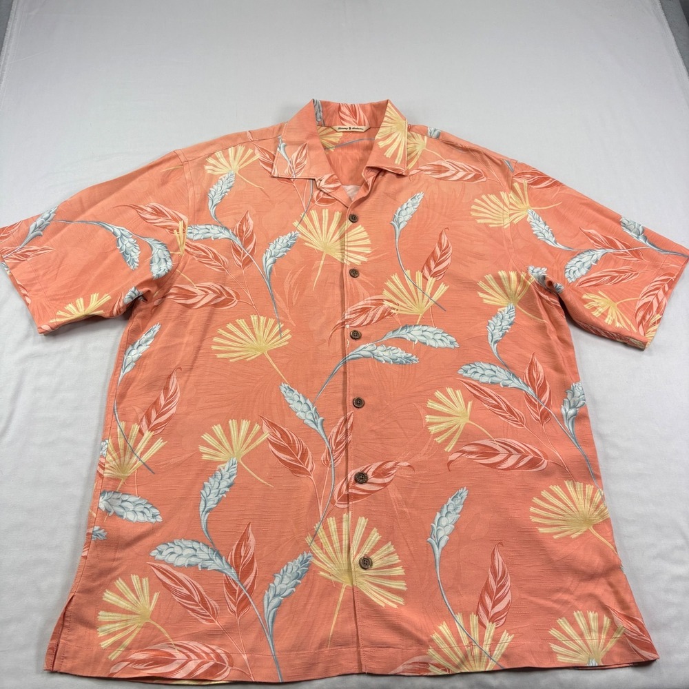 Tommy Bahama Hawaiian Shirt Mens Large Orange Floral Silk Rayon Camp Beach